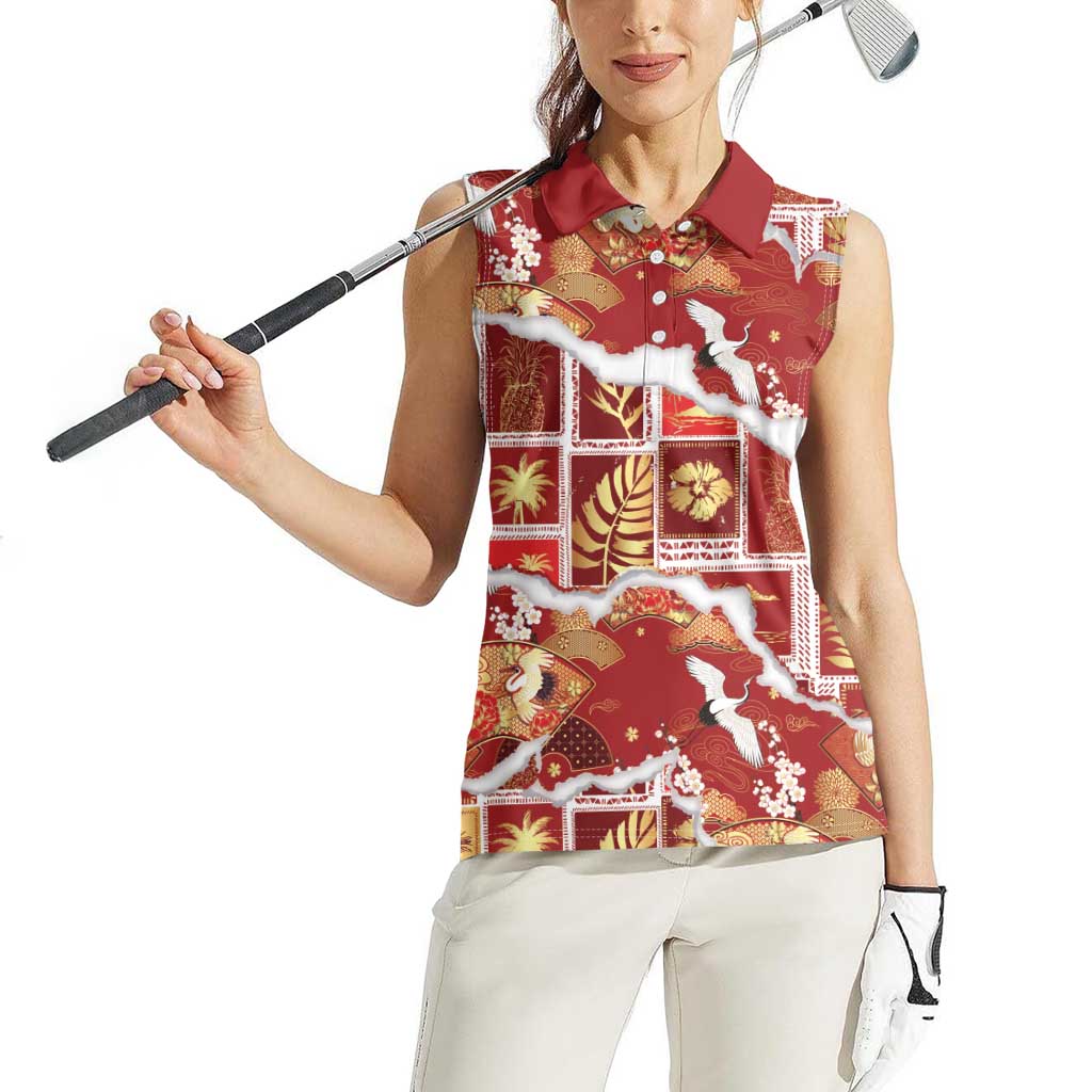 Hawaii Japanese Culture Red Women Sleeveless Polo Shirt Spring Cranes Aloha Pattern