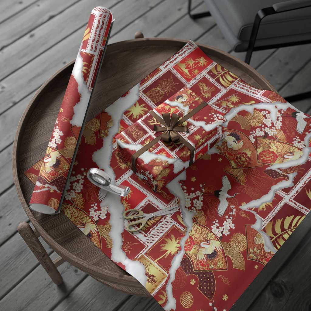 Hawaii Japanese Culture Red Wrapping Paper Spring Cranes Aloha Pattern
