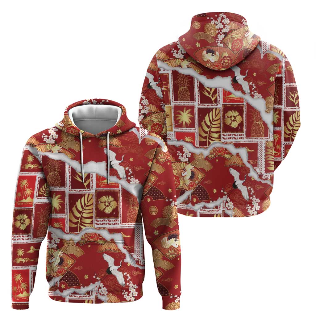 Hawaii Japanese Culture Red Zip Hoodie Spring Cranes Aloha Pattern