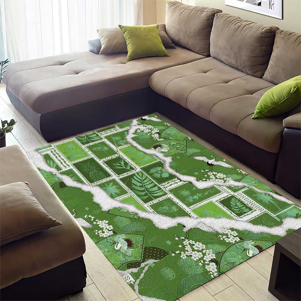 Hawaii Japanese Culture Sage Green Area Rug Spring Cranes Aloha Pattern