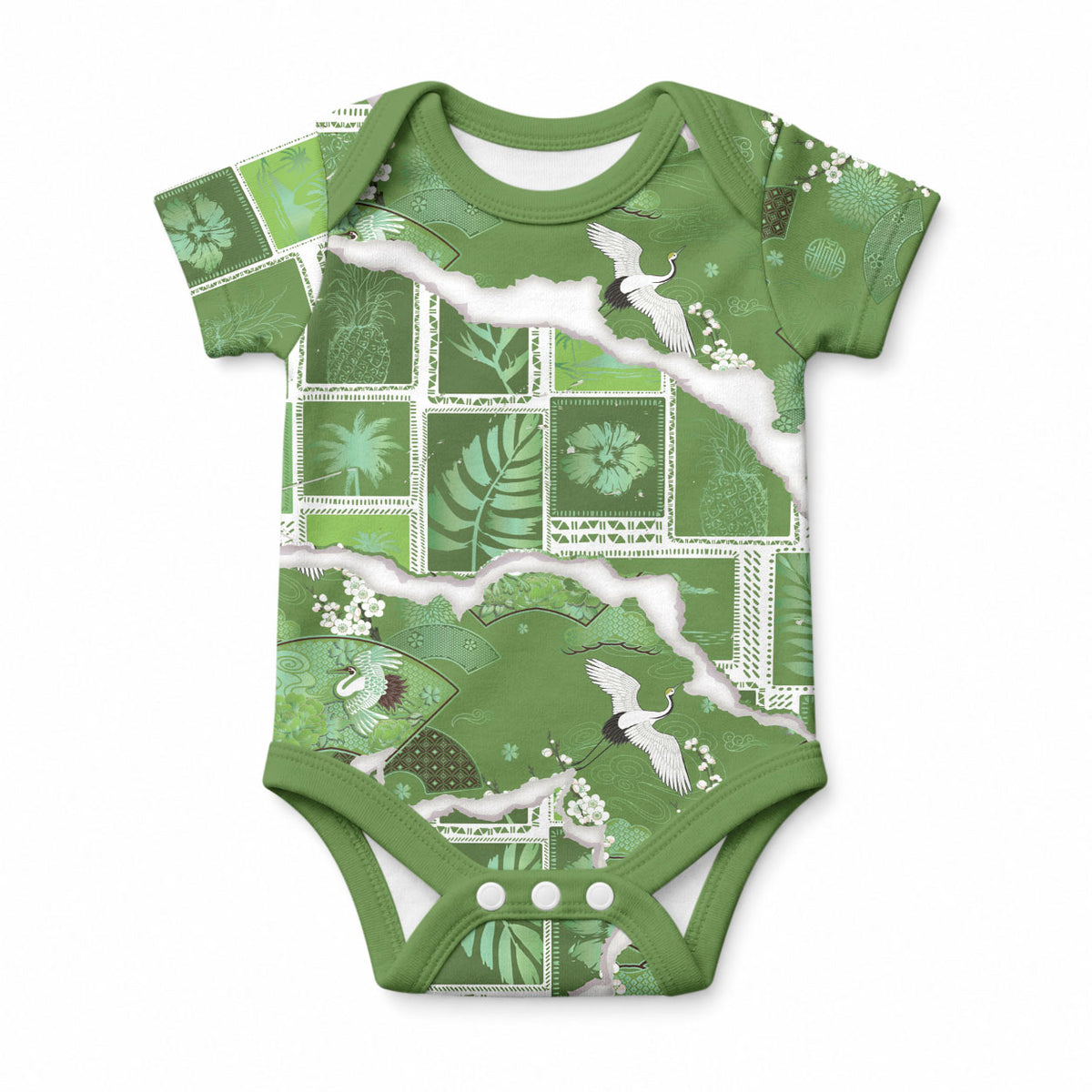 Hawaii Japanese Culture Sage Green Baby Onesie Spring Cranes Aloha Pattern LT01 Sage - Polynesian Pride