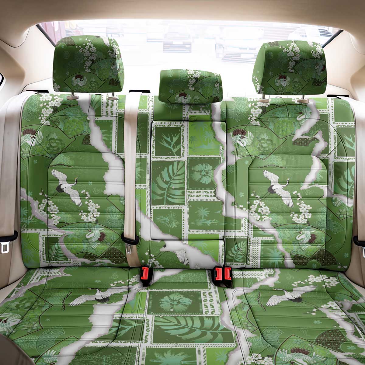 Hawaii Japanese Culture Sage Green Back Car Seat Cover Spring Cranes Aloha Pattern