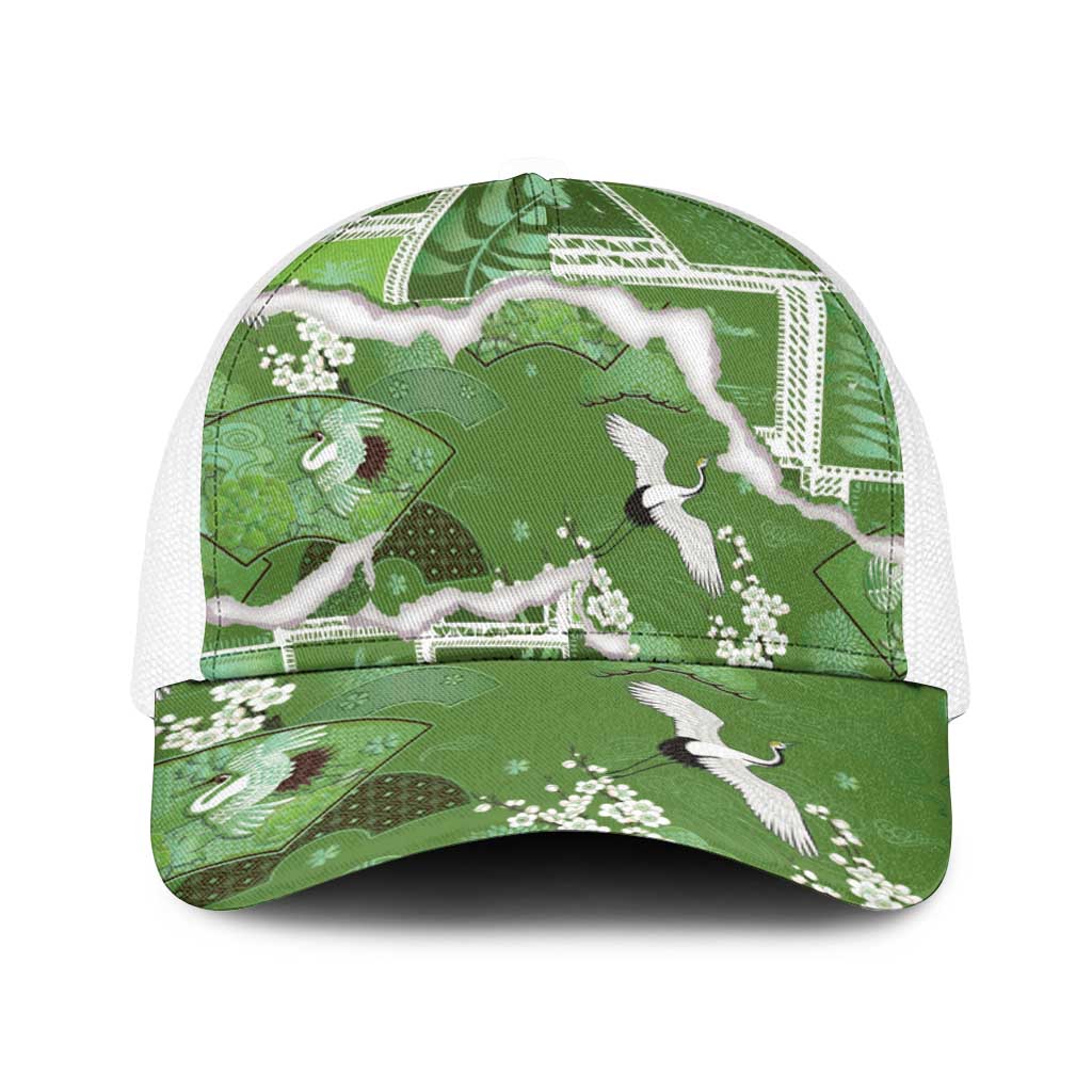 Hawaii Japanese Culture Sage Green Baseball Net Cap Spring Cranes Aloha Pattern