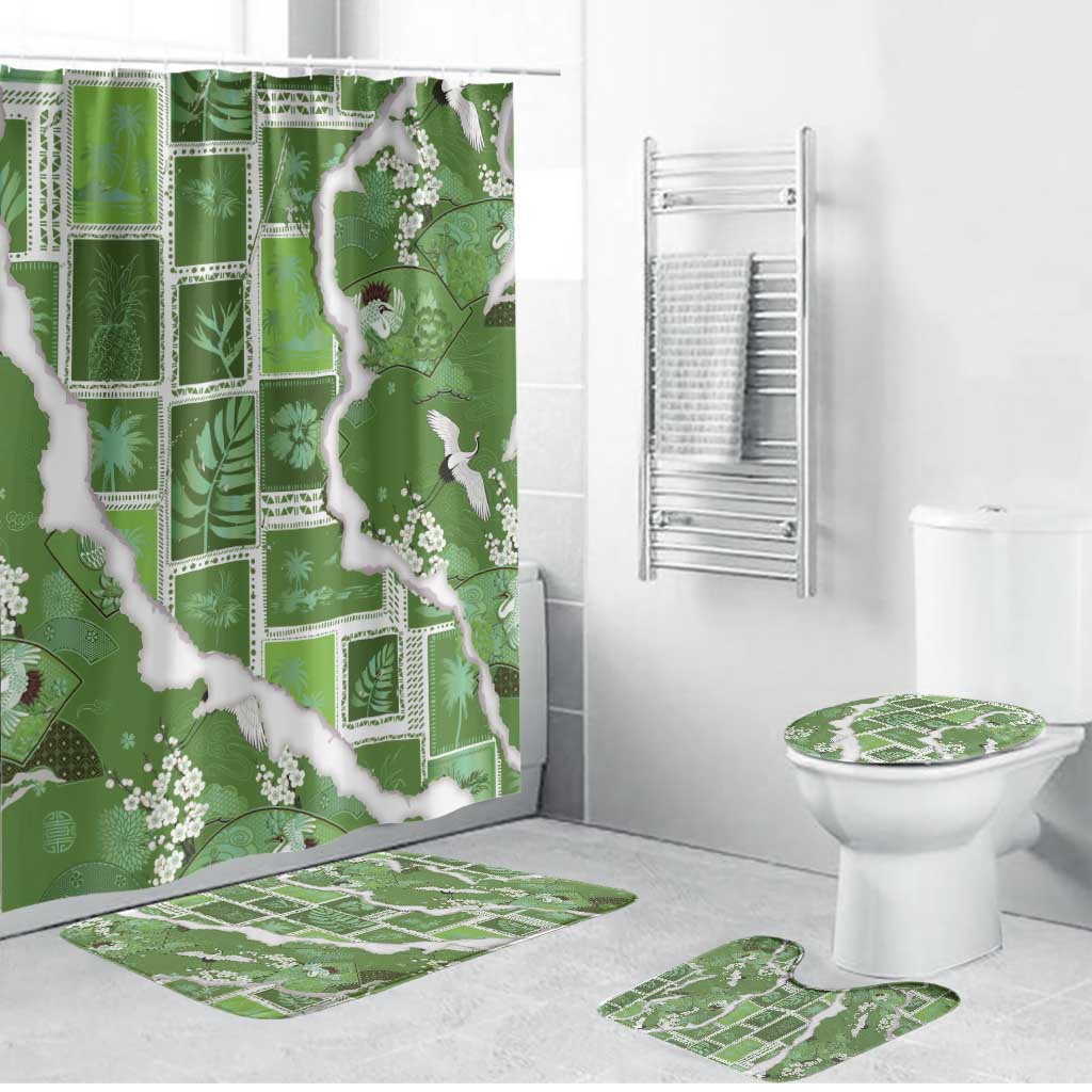 Hawaii Japanese Culture Sage Green Bathroom Set Spring Cranes Aloha Pattern