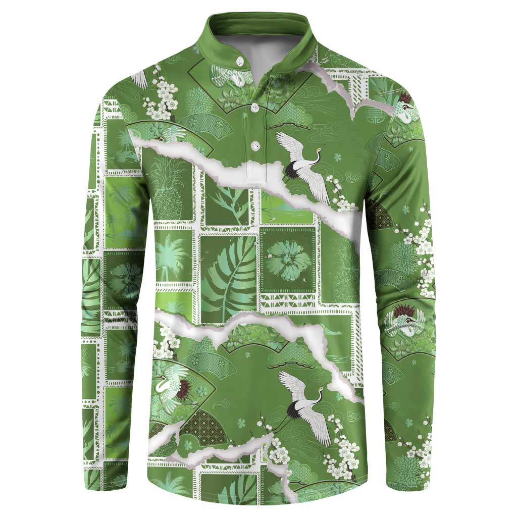 Hawaii Japanese Culture Sage Green Button Sweatshirt Spring Cranes Aloha Pattern