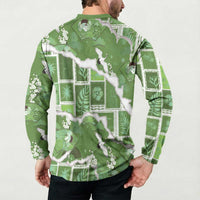 Hawaii Japanese Culture Sage Green Button Sweatshirt Spring Cranes Aloha Pattern