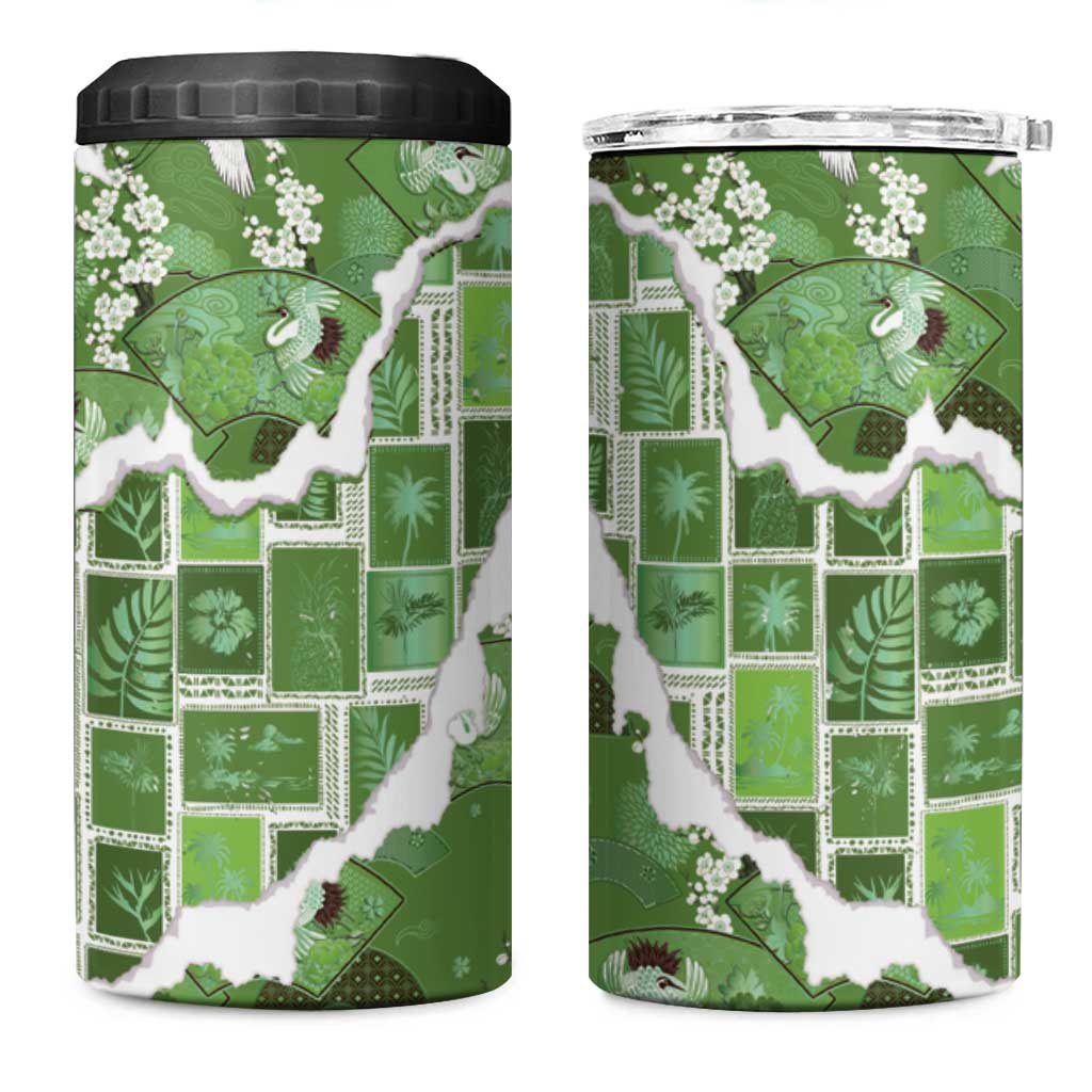 Hawaii Japanese Culture Sage Green 4 in 1 Can Cooler Tumbler Spring Cranes Aloha Pattern