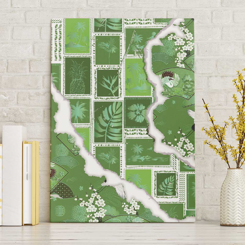 Hawaii Japanese Culture Sage Green Canvas Wall Art Spring Cranes Aloha Pattern