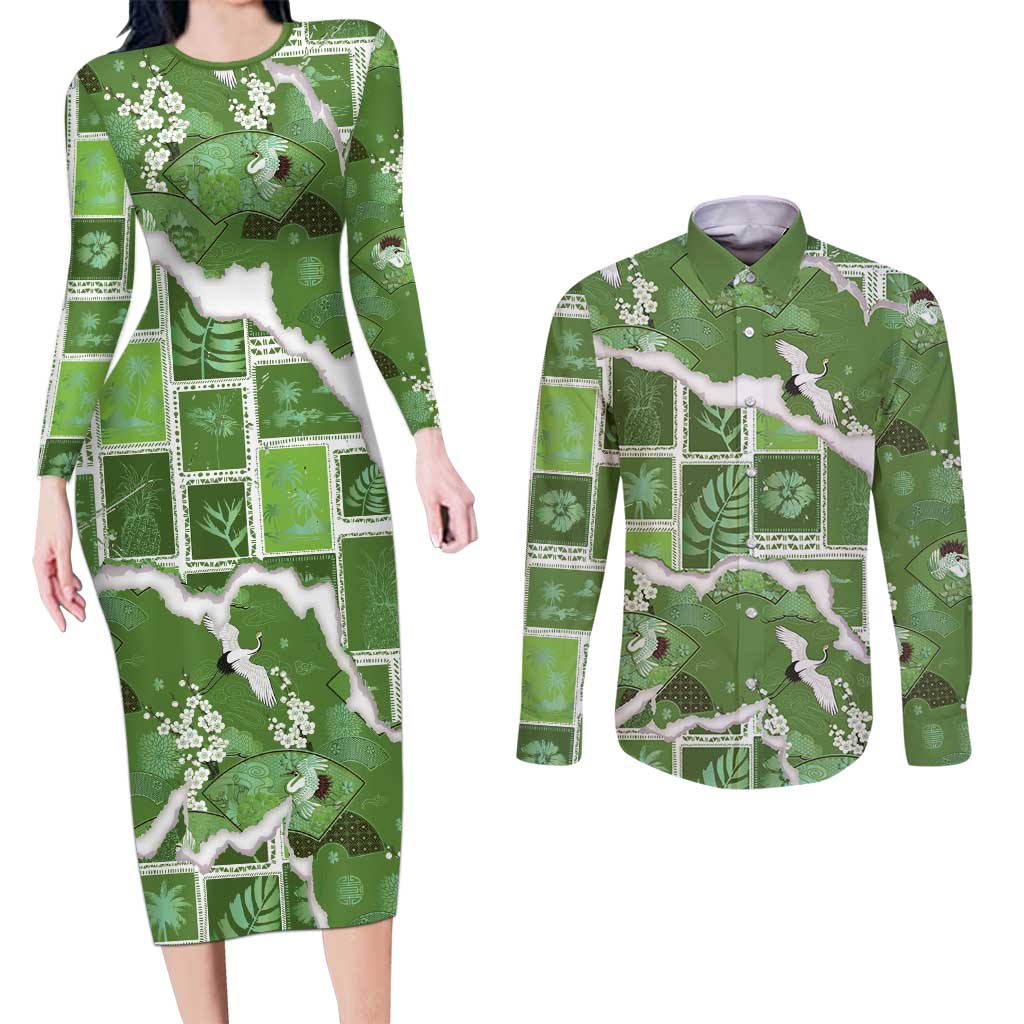 Hawaii Japanese Culture Sage Green Couples Matching Long Sleeve Bodycon Dress and Long Sleeve Button Shirt Spring Cranes Aloha Pattern