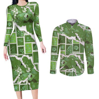 Hawaii Japanese Culture Sage Green Couples Matching Long Sleeve Bodycon Dress and Long Sleeve Button Shirt Spring Cranes Aloha Pattern