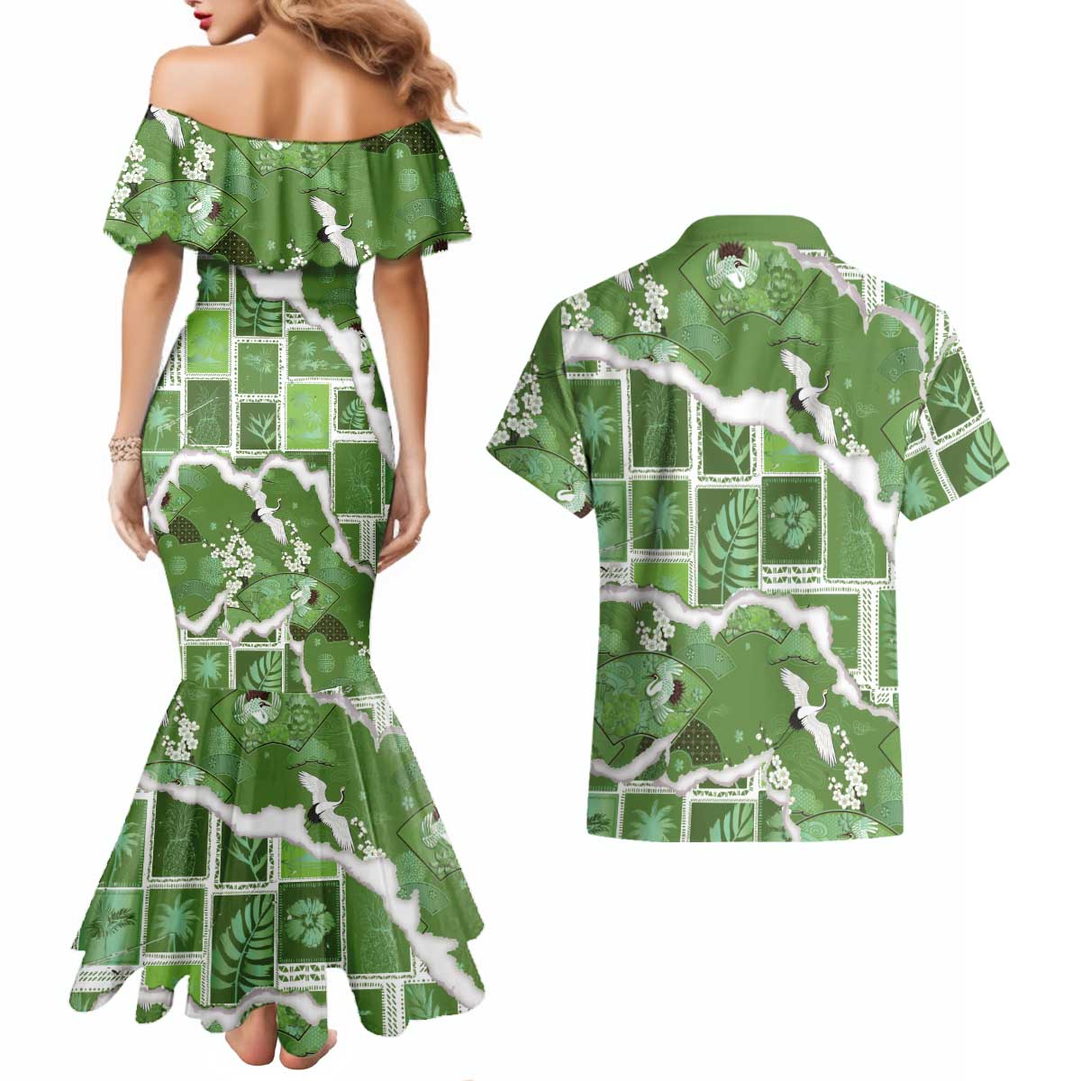 Hawaii Japanese Culture Sage Green Couples Matching Mermaid Dress and Hawaiian Shirt Spring Cranes Aloha Pattern