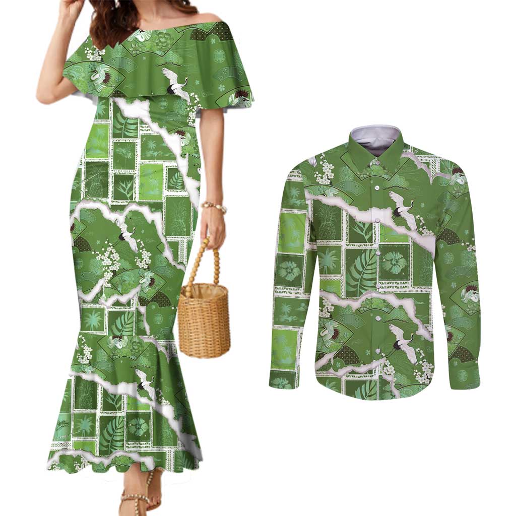 Hawaii Japanese Culture Sage Green Couples Matching Mermaid Dress and Long Sleeve Button Shirt Spring Cranes Aloha Pattern