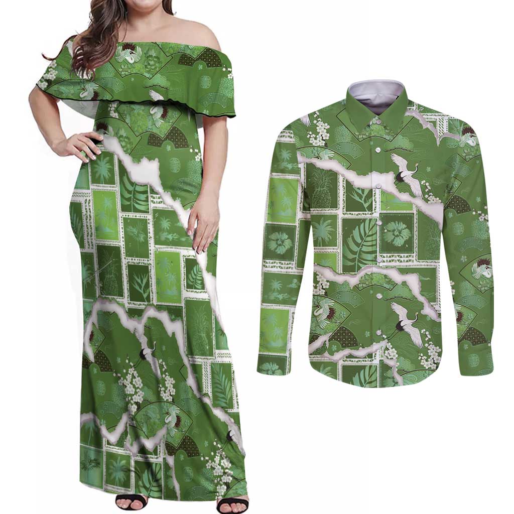 Hawaii Japanese Culture Sage Green Couples Matching Off Shoulder Maxi Dress and Long Sleeve Button Shirt Spring Cranes Aloha Pattern