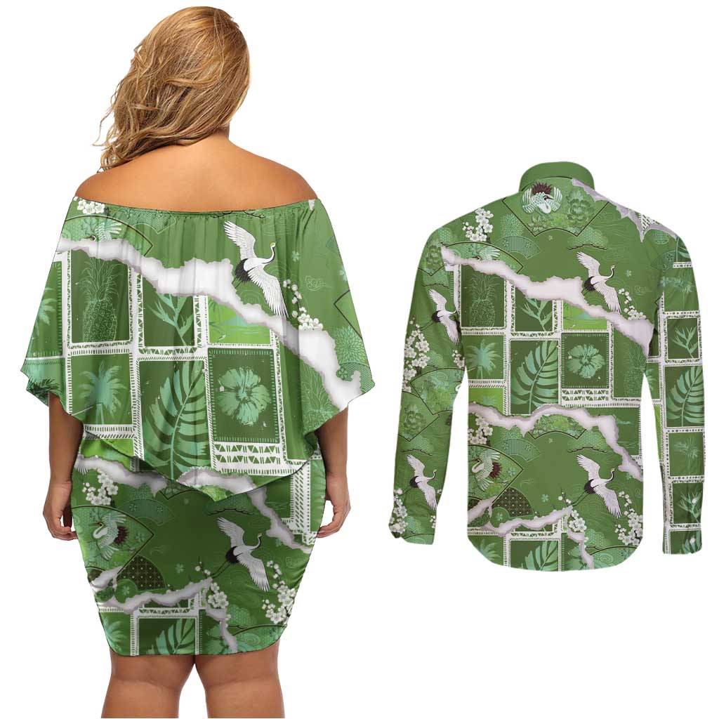 Hawaii Japanese Culture Sage Green Couples Matching Off Shoulder Short Dress and Long Sleeve Button Shirt Spring Cranes Aloha Pattern