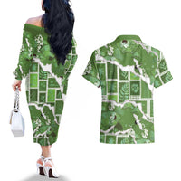 Hawaii Japanese Culture Sage Green Couples Matching Off The Shoulder Long Sleeve Dress and Hawaiian Shirt Spring Cranes Aloha Pattern