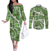 Hawaii Japanese Culture Sage Green Couples Matching Off The Shoulder Long Sleeve Dress and Long Sleeve Button Shirt Spring Cranes Aloha Pattern