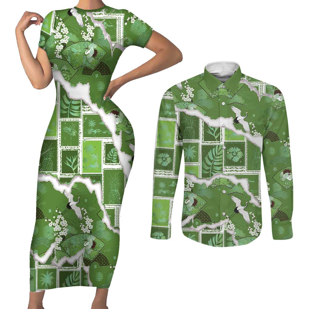 Hawaii Japanese Culture Sage Green Couples Matching Short Sleeve Bodycon Dress and Long Sleeve Button Shirt Spring Cranes Aloha Pattern
