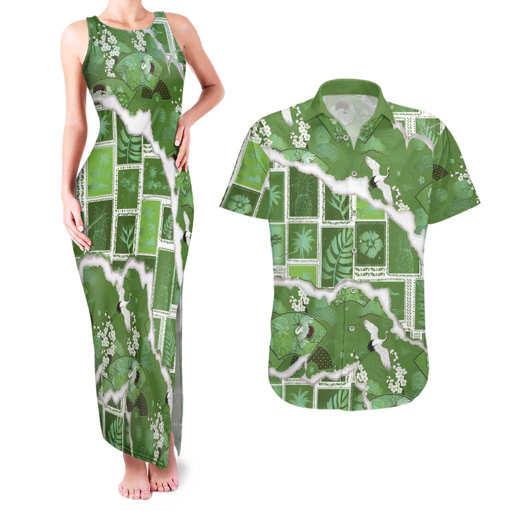 Hawaii Japanese Culture Sage Green Couples Matching Tank Maxi Dress and Hawaiian Shirt Spring Cranes Aloha Pattern