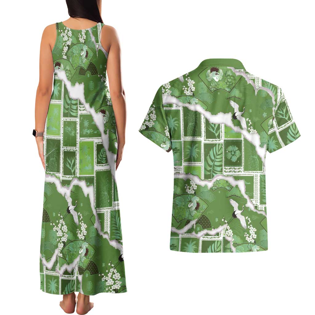 Hawaii Japanese Culture Sage Green Couples Matching Tank Maxi Dress and Hawaiian Shirt Spring Cranes Aloha Pattern