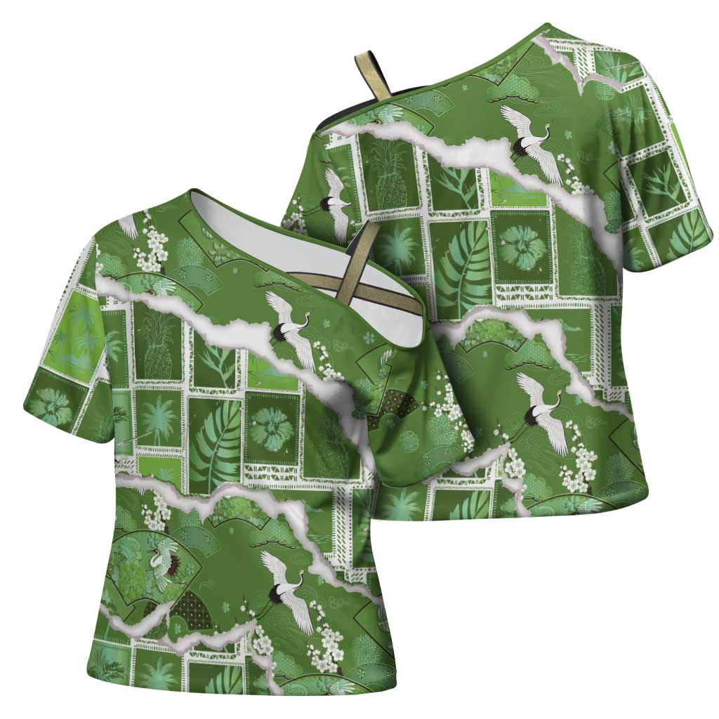 Hawaii Japanese Culture Sage Green Cross Shoulder Shirt Spring Cranes Aloha Pattern