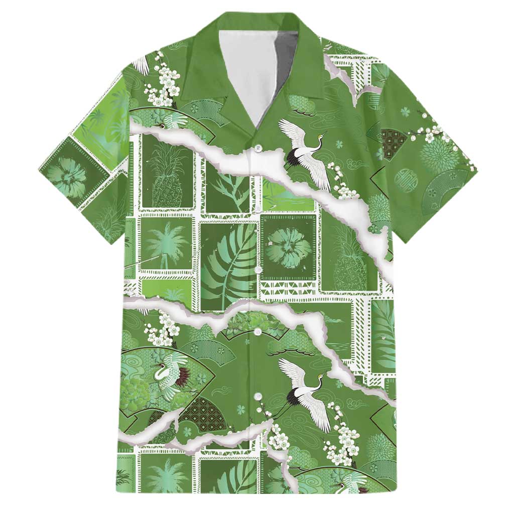 Hawaii Japanese Culture Sage Green Family Matching Mermaid Dress and Hawaiian Shirt Spring Cranes Aloha Pattern LT01 Dad's Shirt - Short Sleeve Sage - Polynesian Pride