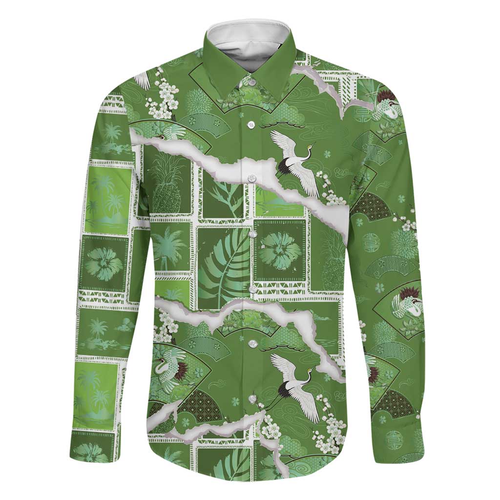 Hawaii Japanese Culture Sage Green Family Matching Mermaid Dress and Hawaiian Shirt Spring Cranes Aloha Pattern LT01 Dad's Shirt - Long Sleeve Sage - Polynesian Pride