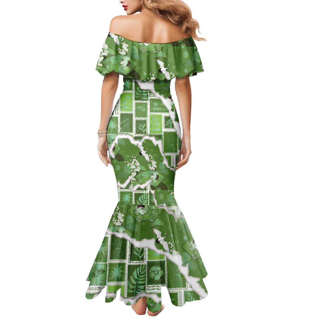 Hawaii Japanese Culture Sage Green Family Matching Mermaid Dress and Hawaiian Shirt Spring Cranes Aloha Pattern LT01 - Polynesian Pride