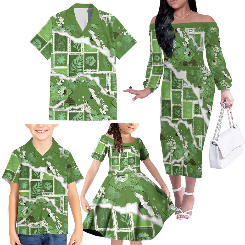 Hawaii Japanese Culture Sage Green Family Matching Off The Shoulder Long Sleeve Dress and Hawaiian Shirt Spring Cranes Aloha Pattern LT01 - Polynesian Pride