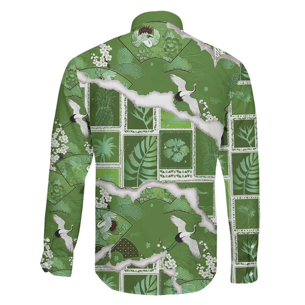 Hawaii Japanese Culture Sage Green Family Matching Off The Shoulder Long Sleeve Dress and Hawaiian Shirt Spring Cranes Aloha Pattern LT01 - Polynesian Pride