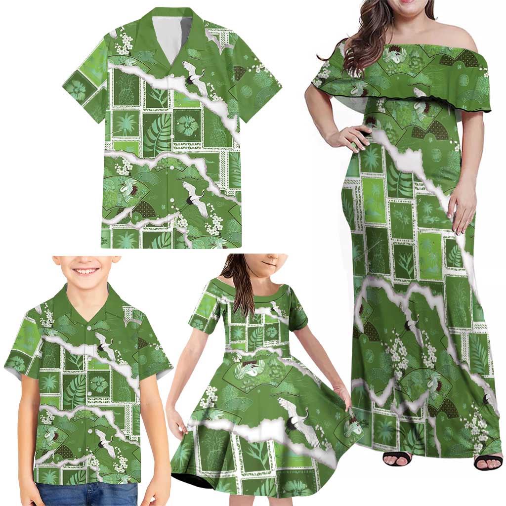 Hawaii Japanese Culture Sage Green Family Matching Off Shoulder Maxi Dress and Hawaiian Shirt Spring Cranes Aloha Pattern