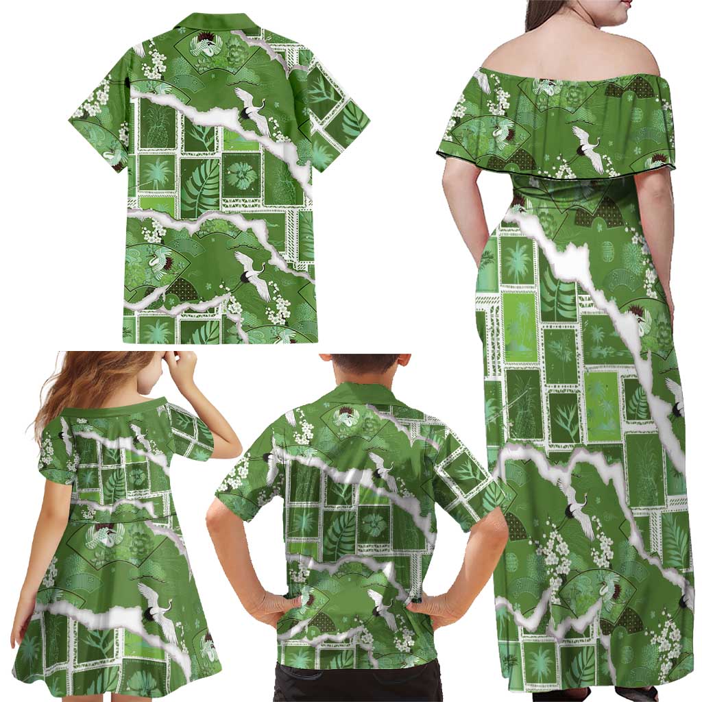 Hawaii Japanese Culture Sage Green Family Matching Off Shoulder Maxi Dress and Hawaiian Shirt Spring Cranes Aloha Pattern LT01 - Polynesian Pride