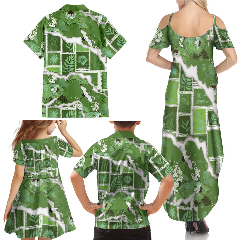Hawaii Japanese Culture Sage Green Family Matching Summer Maxi Dress and Hawaiian Shirt Spring Cranes Aloha Pattern LT01 - Polynesian Pride
