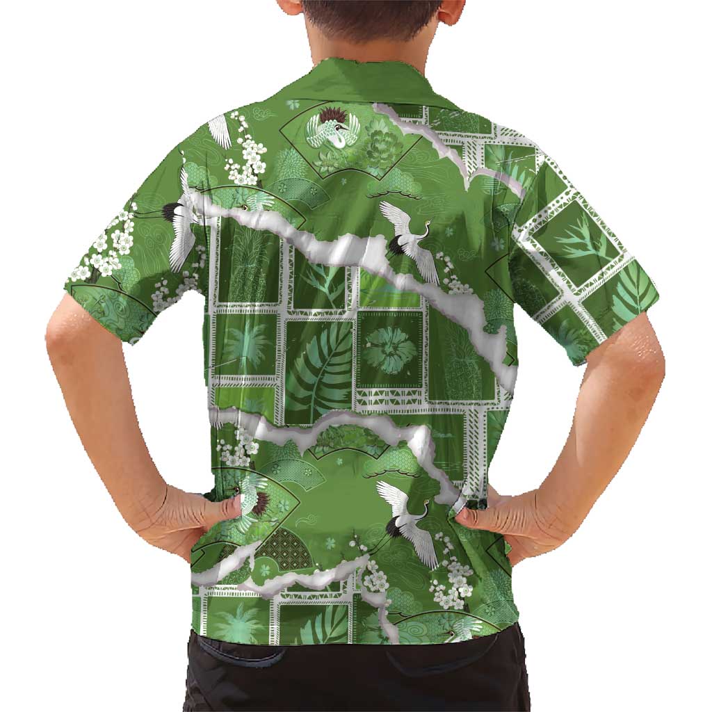 Hawaii Japanese Culture Sage Green Family Matching Tank Maxi Dress and Hawaiian Shirt Spring Cranes Aloha Pattern LT01 - Polynesian Pride