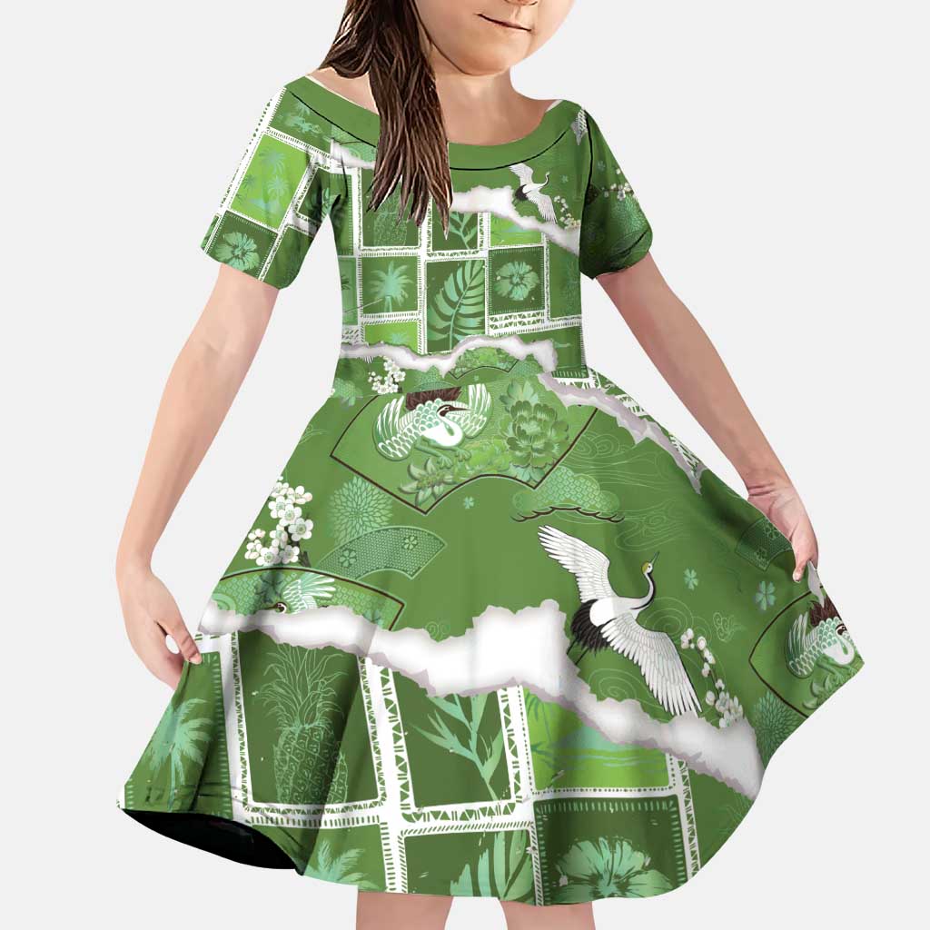 Hawaii Japanese Culture Sage Green Family Matching Tank Maxi Dress and Hawaiian Shirt Spring Cranes Aloha Pattern LT01 Daughter's Dress Sage - Polynesian Pride
