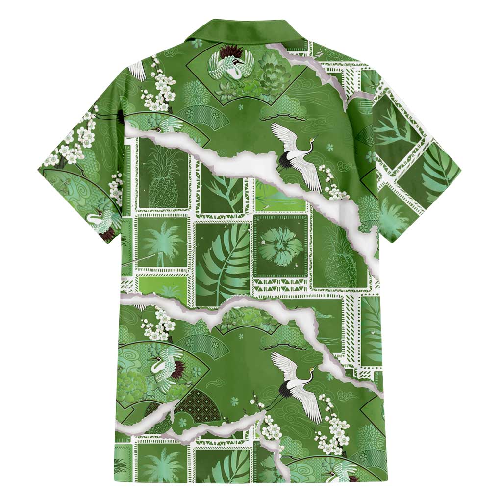 Hawaii Japanese Culture Sage Green Family Matching Tank Maxi Dress and Hawaiian Shirt Spring Cranes Aloha Pattern LT01 - Polynesian Pride
