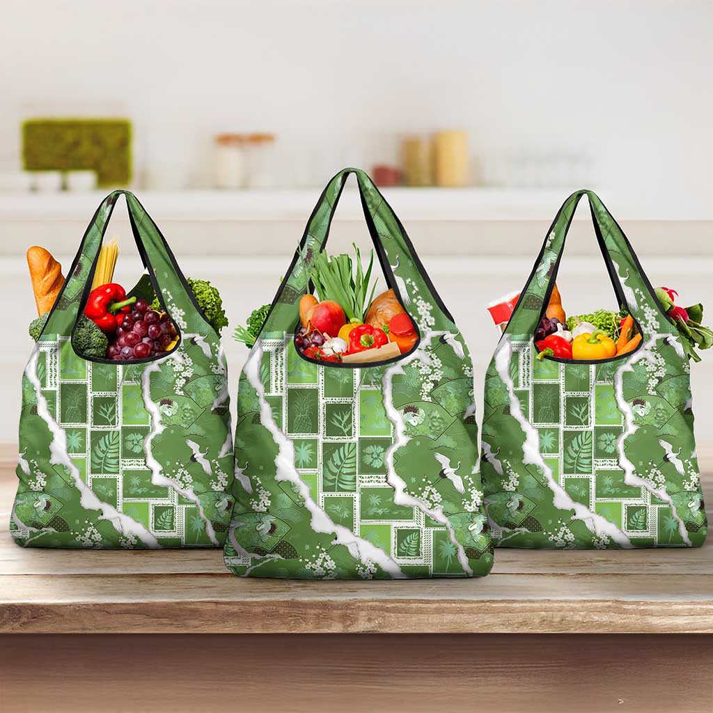 Hawaii Japanese Culture Sage Green Grocery Bag Spring Cranes Aloha Pattern