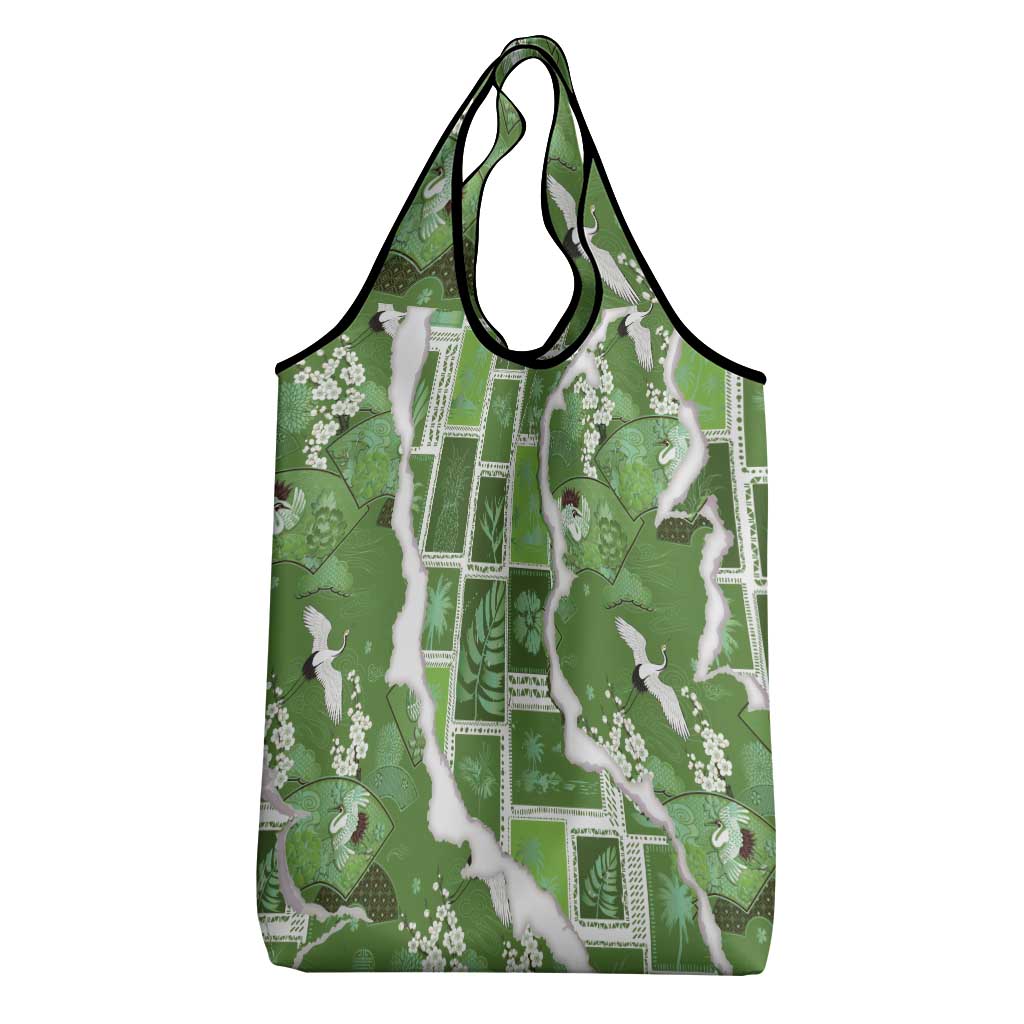 Hawaii Japanese Culture Sage Green Grocery Bag Spring Cranes Aloha Pattern