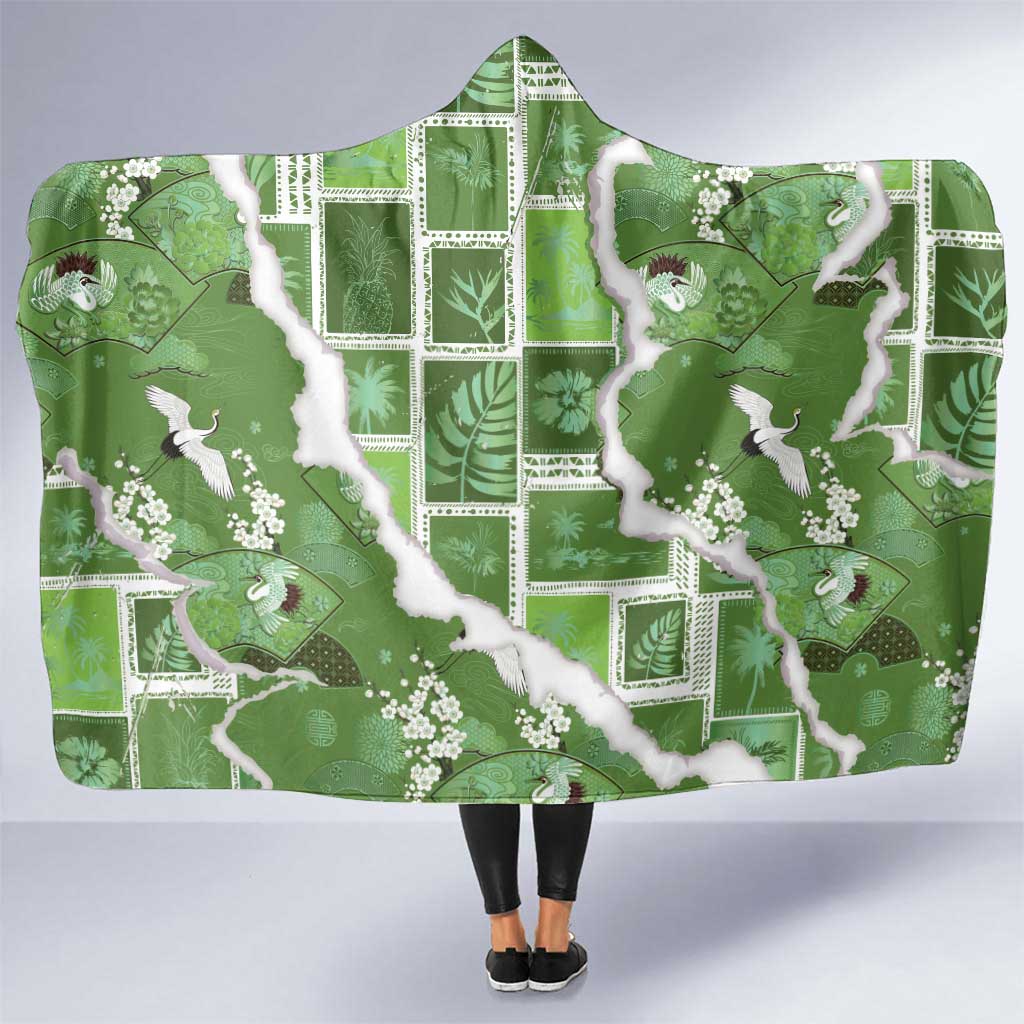Hawaii Japanese Culture Sage Green Hooded Blanket Spring Cranes Aloha Pattern