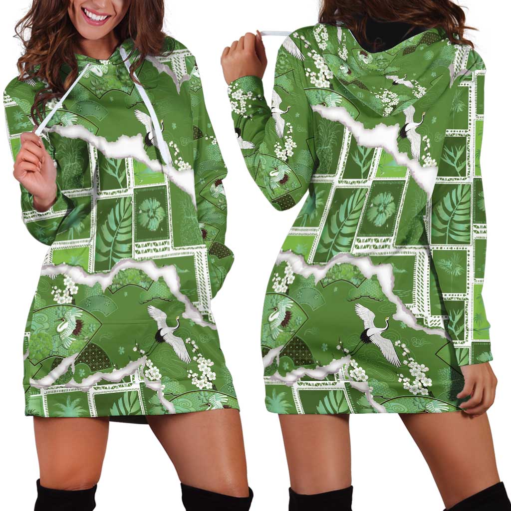 Hawaii Japanese Culture Sage Green Hoodie Dress Spring Cranes Aloha Pattern