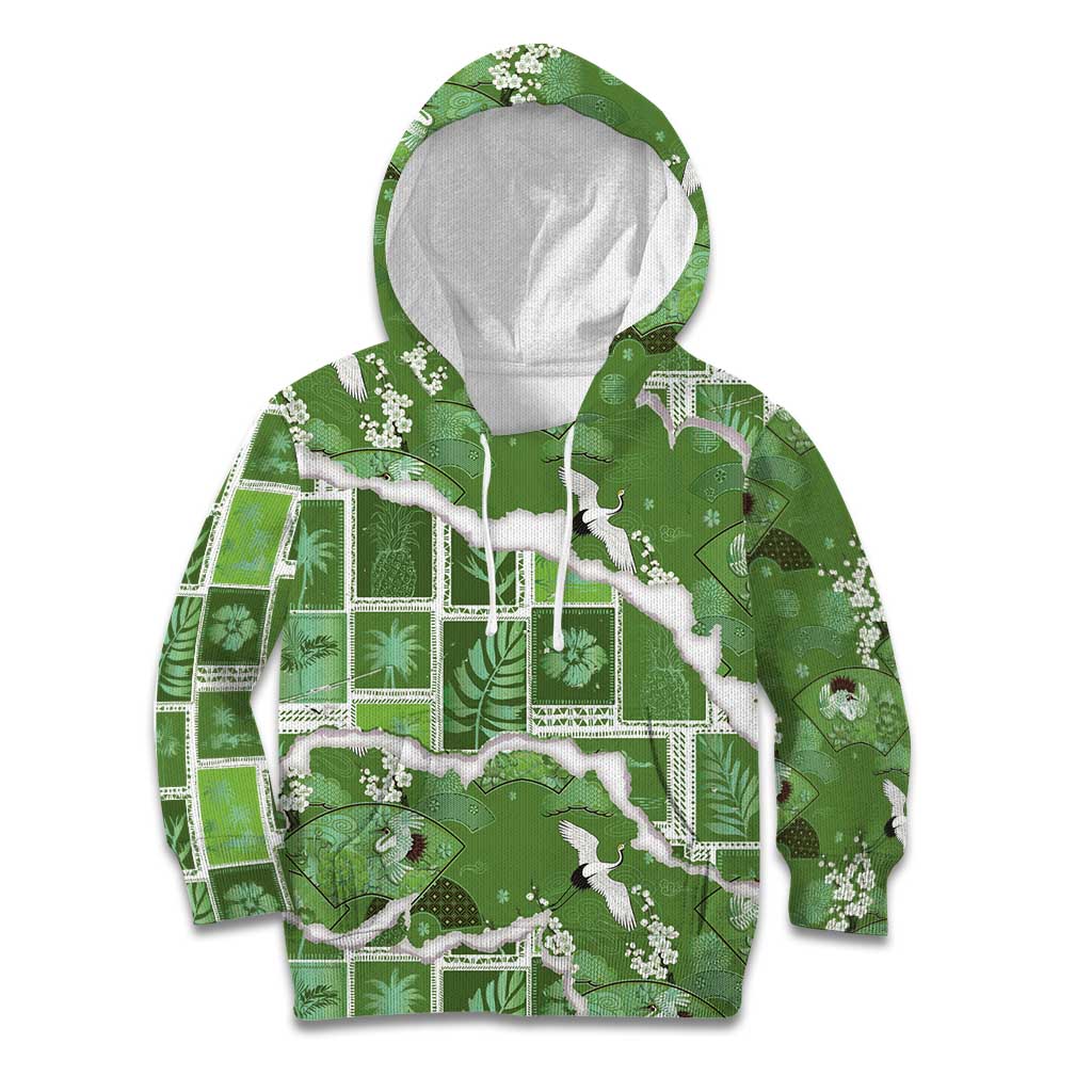 Hawaii Japanese Culture Sage Green Kid Hoodie Spring Cranes Aloha Pattern