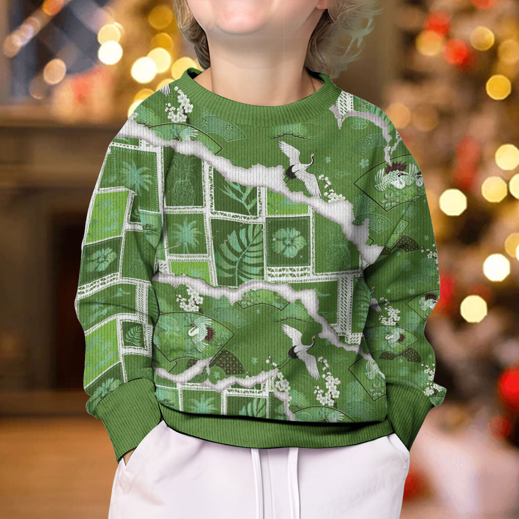 Hawaii Japanese Culture Sage Green Kid Ugly Christmas Sweater Spring Cranes Aloha Pattern LT01 - Polynesian Pride