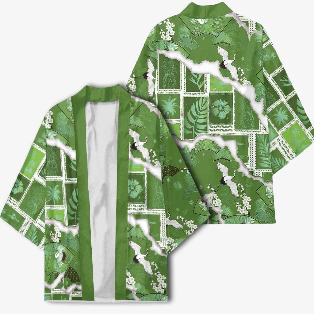 Hawaii Japanese Culture Sage Green Kimono Spring Cranes Aloha Pattern