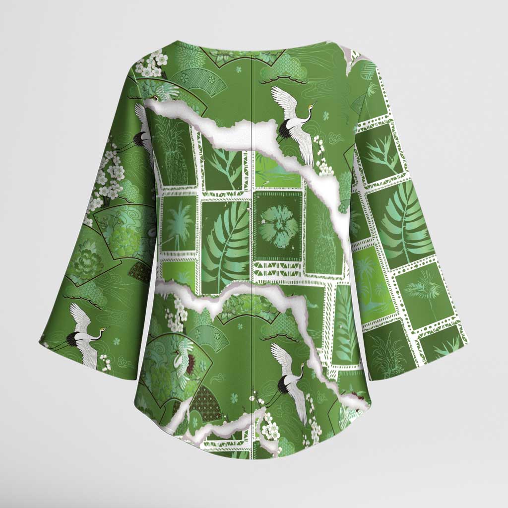 Hawaii Japanese Culture Sage Green Kimono Sleeve Blouse Spring Cranes Aloha Pattern