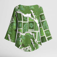 Hawaii Japanese Culture Sage Green Kimono Sleeve Blouse Spring Cranes Aloha Pattern