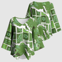 Hawaii Japanese Culture Sage Green Kimono Sleeve Blouse Spring Cranes Aloha Pattern