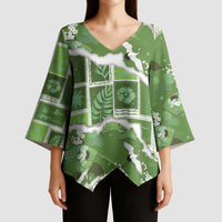 Hawaii Japanese Culture Sage Green Kimono Sleeve Blouse Spring Cranes Aloha Pattern