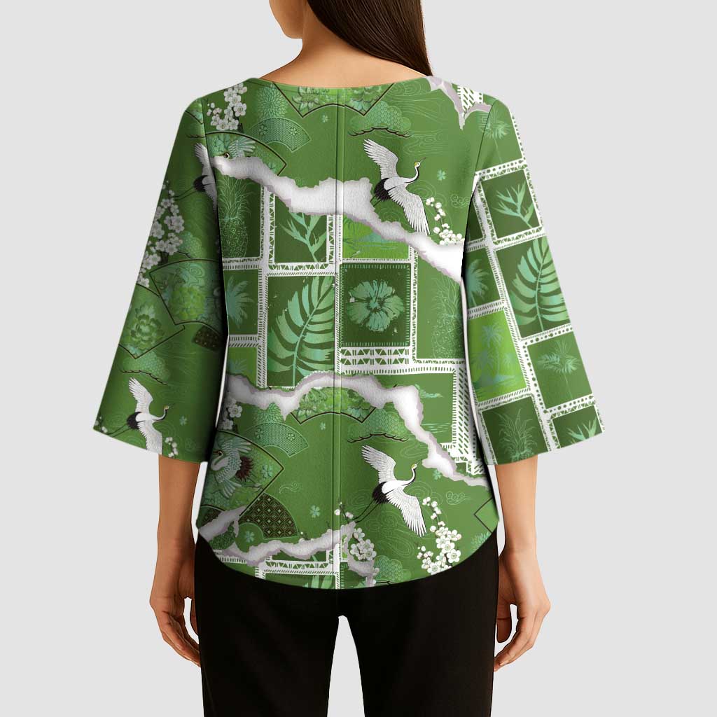 Hawaii Japanese Culture Sage Green Kimono Sleeve Blouse Spring Cranes Aloha Pattern