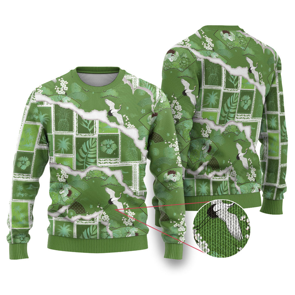 Hawaii Japanese Culture Sage Green Ugly Christmas Sweater Spring Cranes Aloha Pattern LT01 Sage - Polynesian Pride