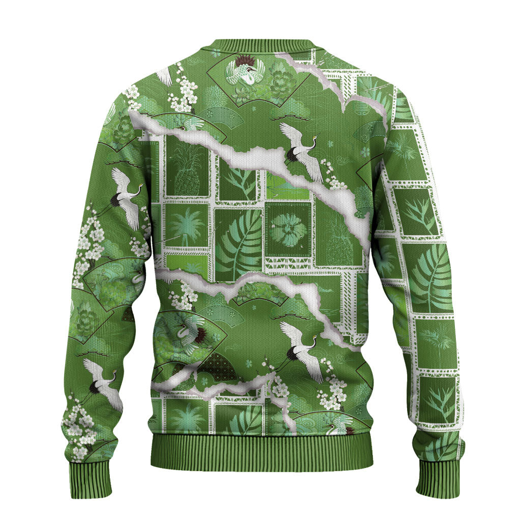 Hawaii Japanese Culture Sage Green Ugly Christmas Sweater Spring Cranes Aloha Pattern LT01 - Polynesian Pride