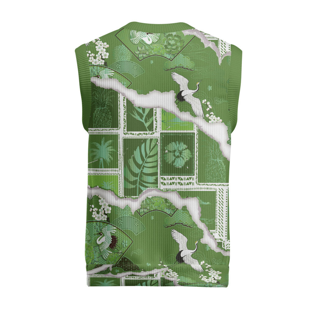 Hawaii Japanese Culture Sage Green Christmas Knitted V-Neck Vest Spring Cranes Aloha Pattern LT01 - Polynesian Pride